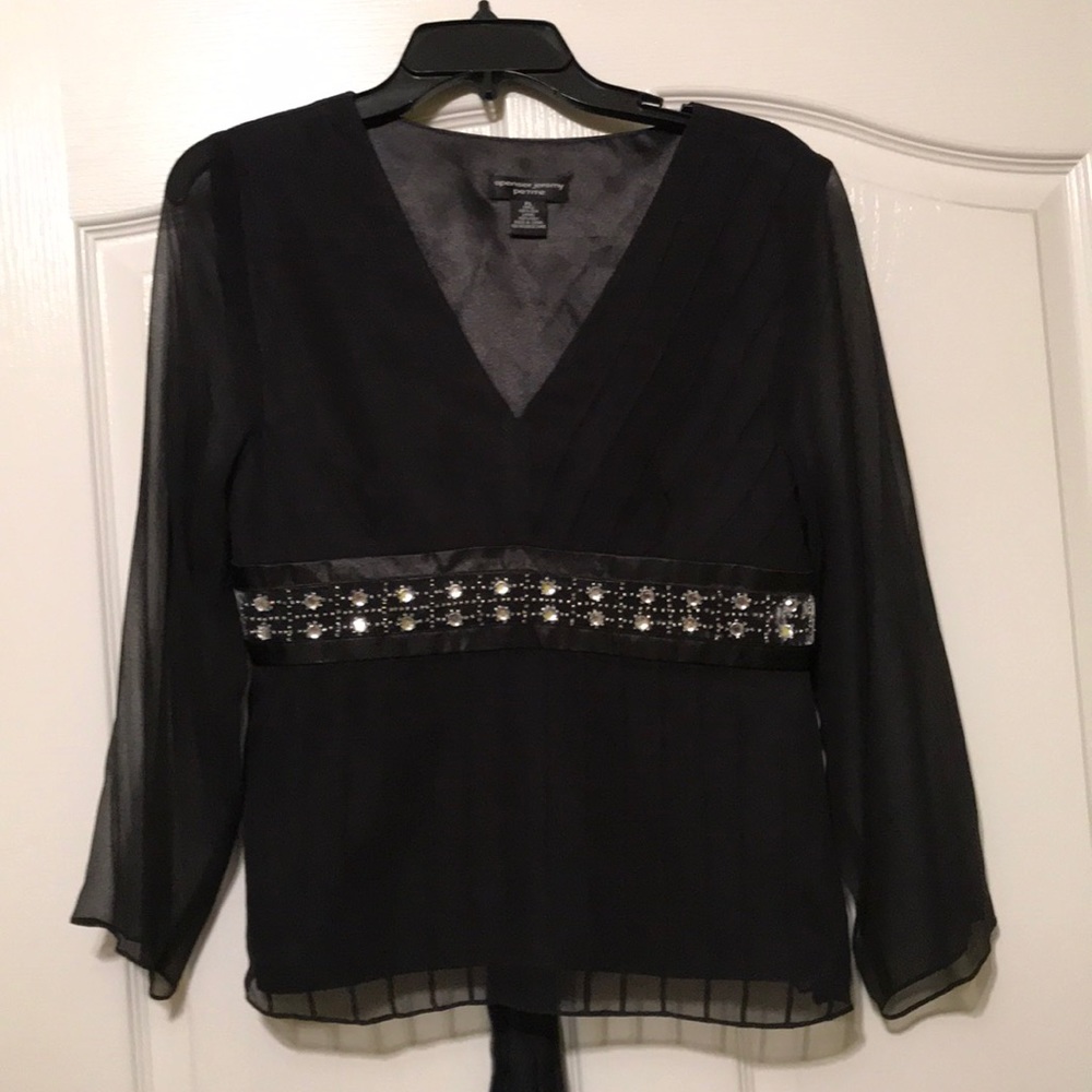 Women’s Pleated Black Blouse with Crystal Details